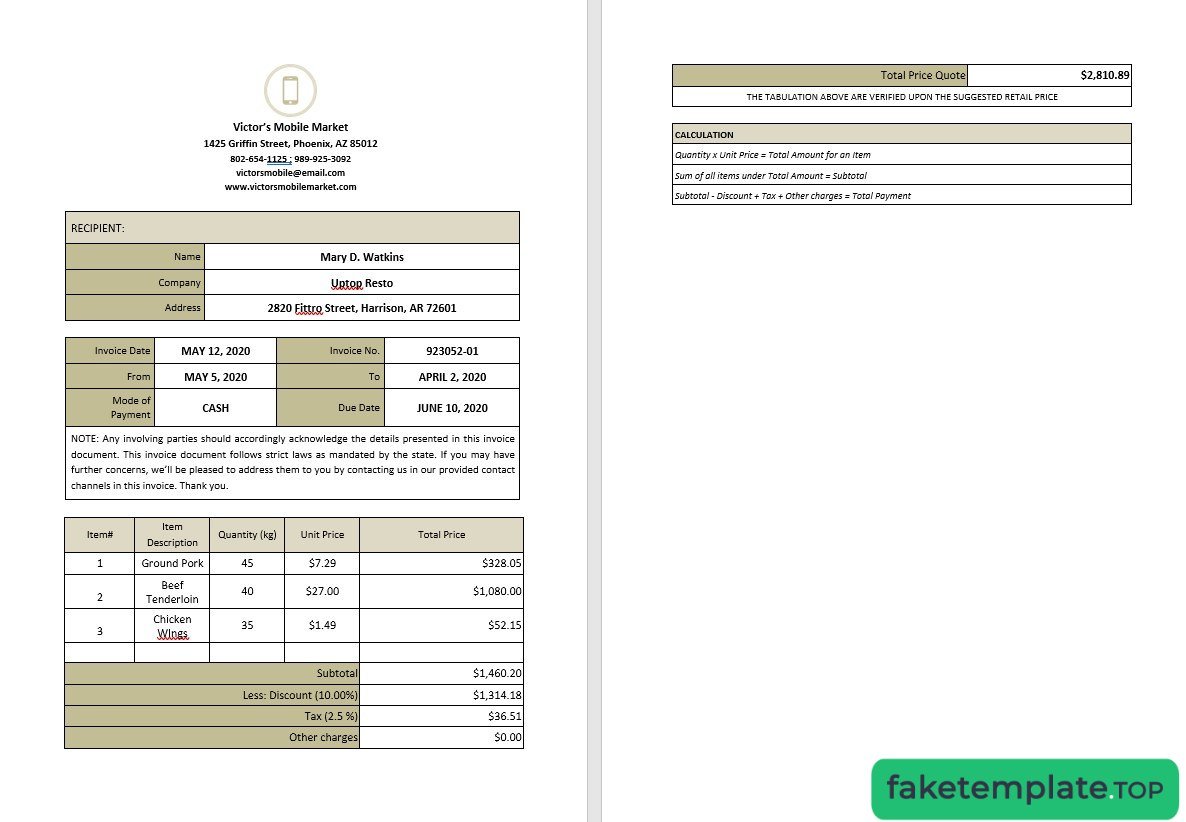 Feature of fake Blank Work From Home invoice example